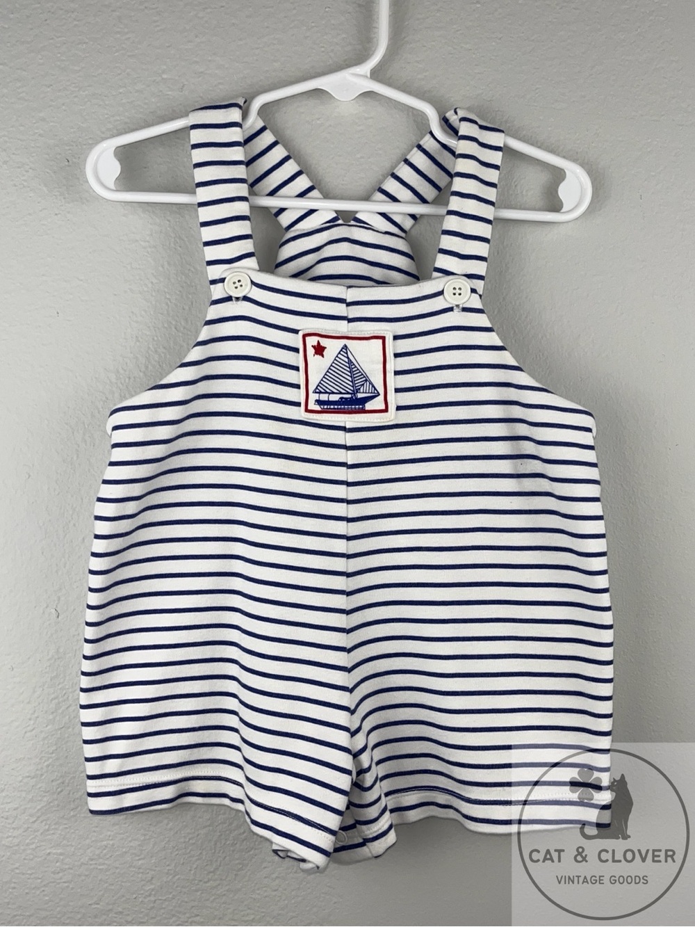New Potatoes Baby Sailboat Blue White Striped Nautical Vintage Romper 18M